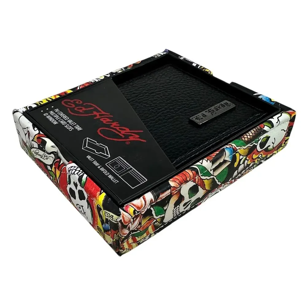 Ed Hardy Men's Bifold Black Wallet With Valet Tray Gift Box